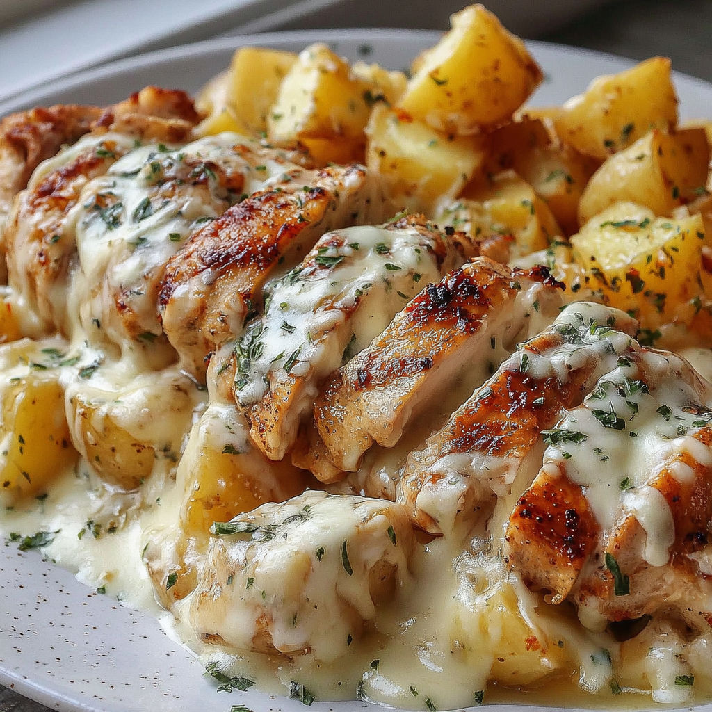 A plate of chicken and potatoes with garlic and Parmesan cheese.