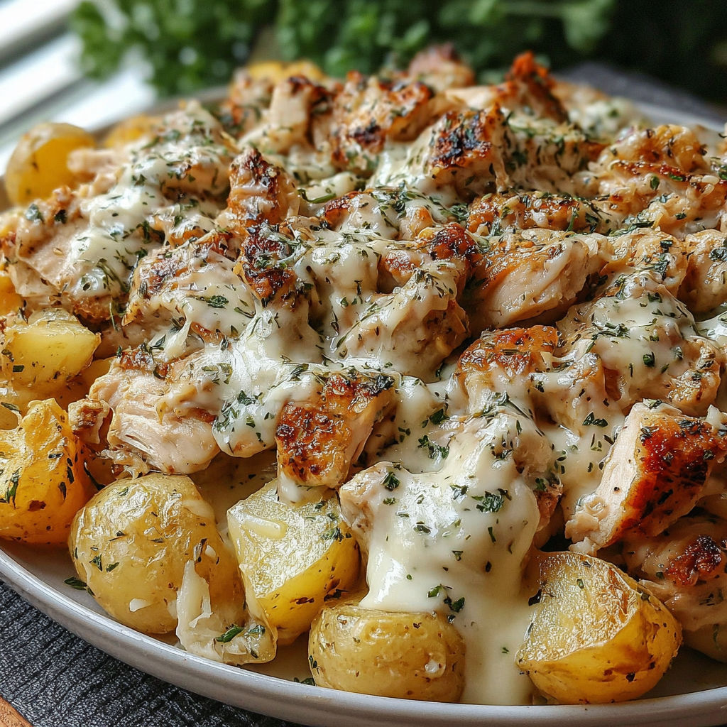 A plate of chicken and potatoes with garlic and Parmesan cheese.