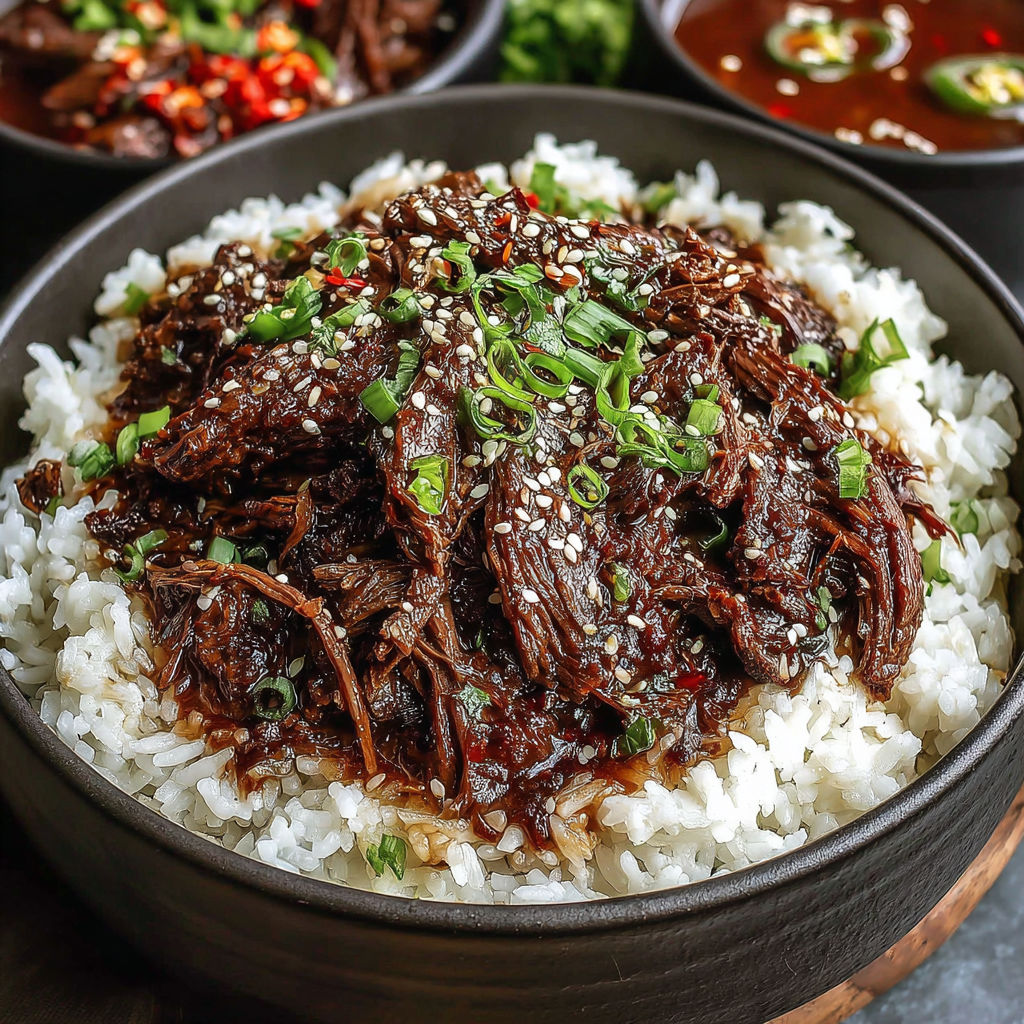 A bowl of beef with rice and green onions.