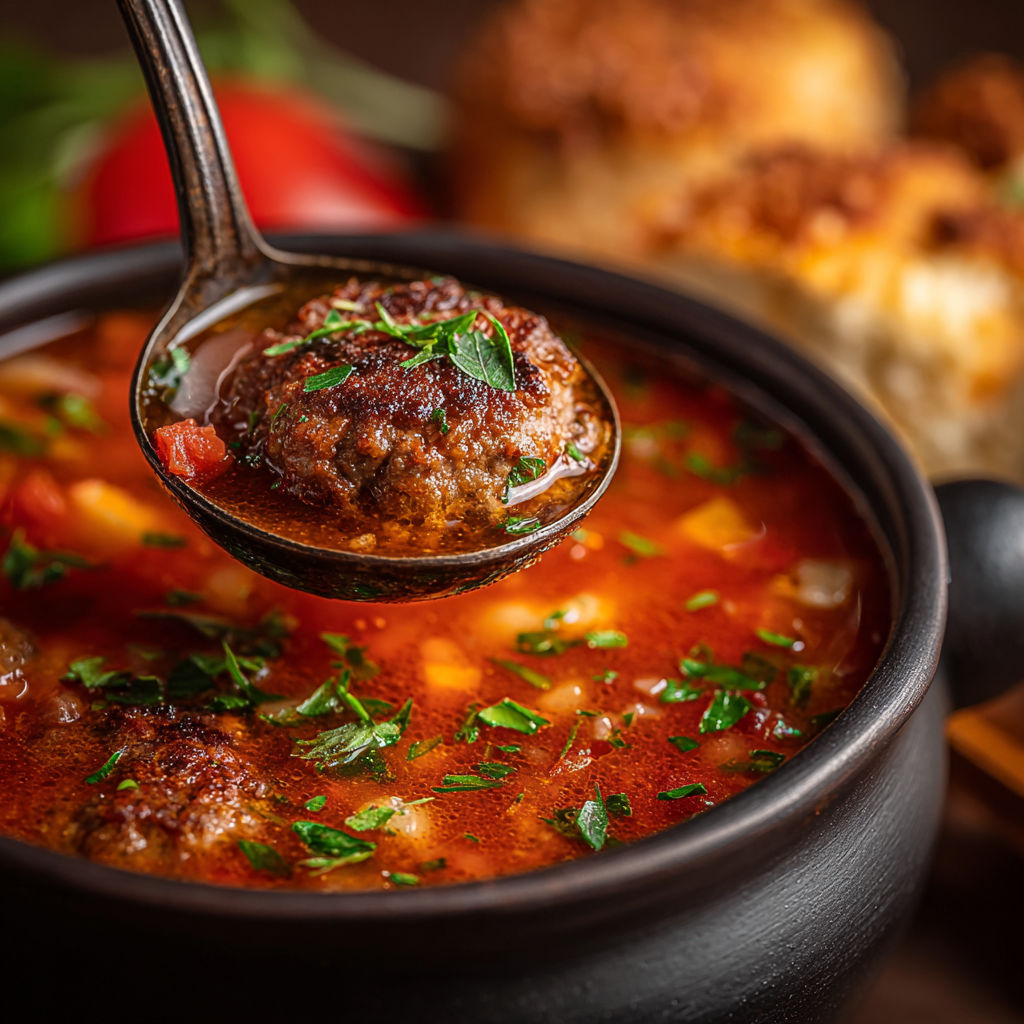 A spoon is in a bowl of soup.