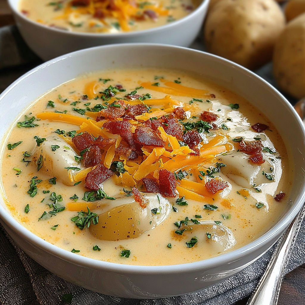 A bowl of soup with bacon and potatoes.