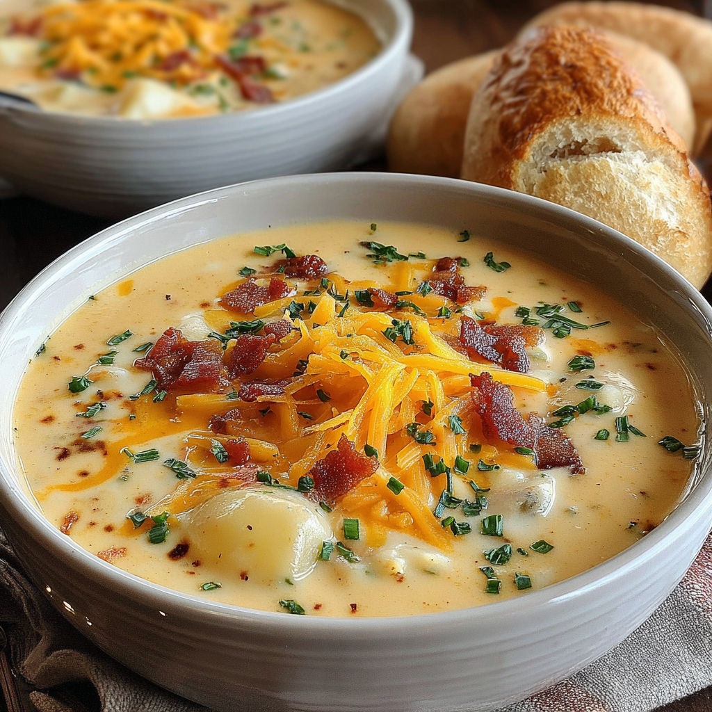 A bowl of soup with bacon and cheese.