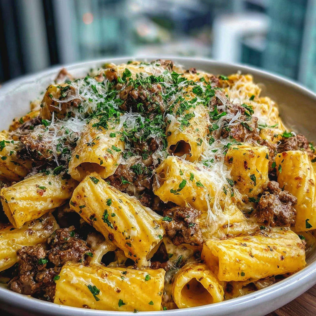 A bowl of pasta with meat and cheese.