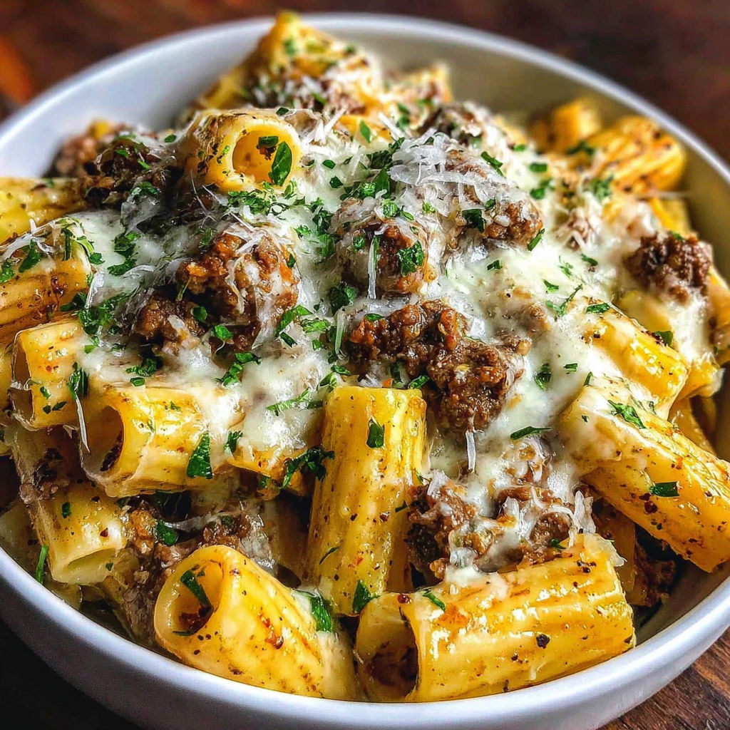 A bowl of pasta with meat and cheese.