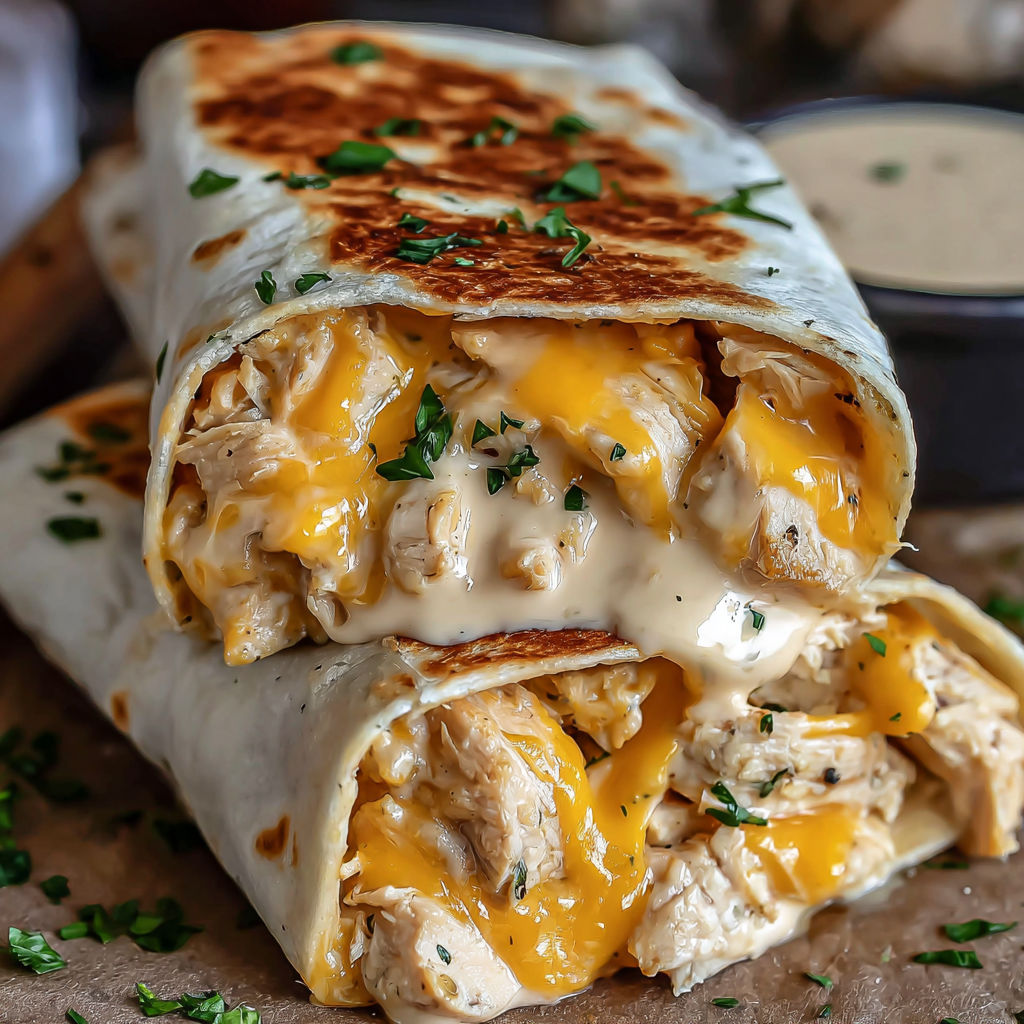 A cheesy garlic chicken wrap.