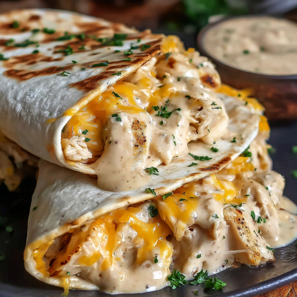 A stack of chicken enchiladas with a side of dipping sauce.