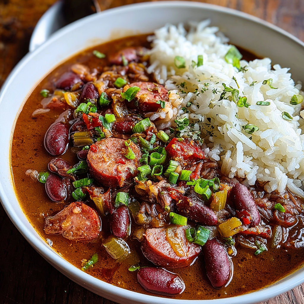 A bowl of soup with rice and sausage.