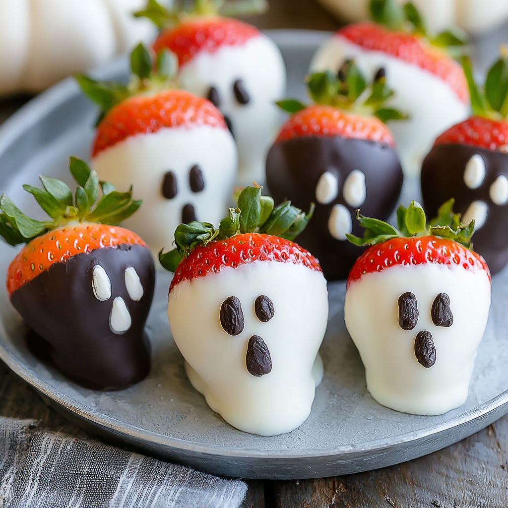 A plate of chocolate covered strawberries with white icing and a face drawn on them.
