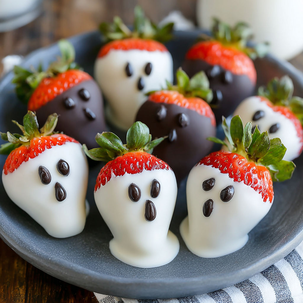 A plate of chocolate covered strawberries with white icing and a ghost design.