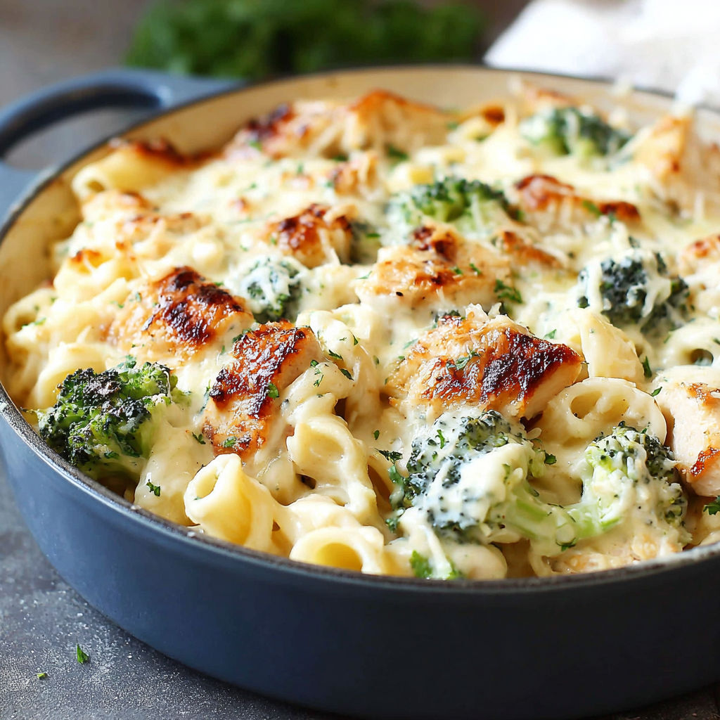 A pan of chicken and broccoli alfredo bake.
