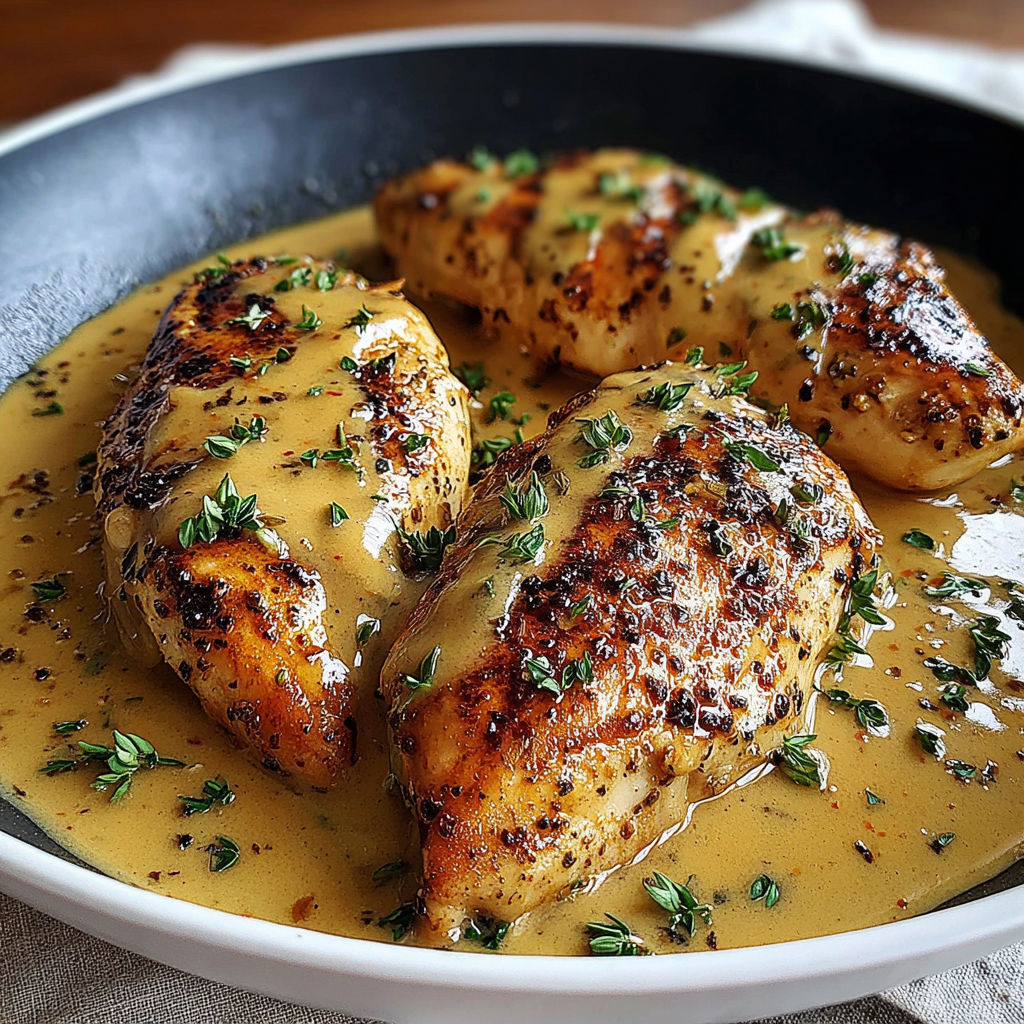 A plate of chicken with a creamy sauce.