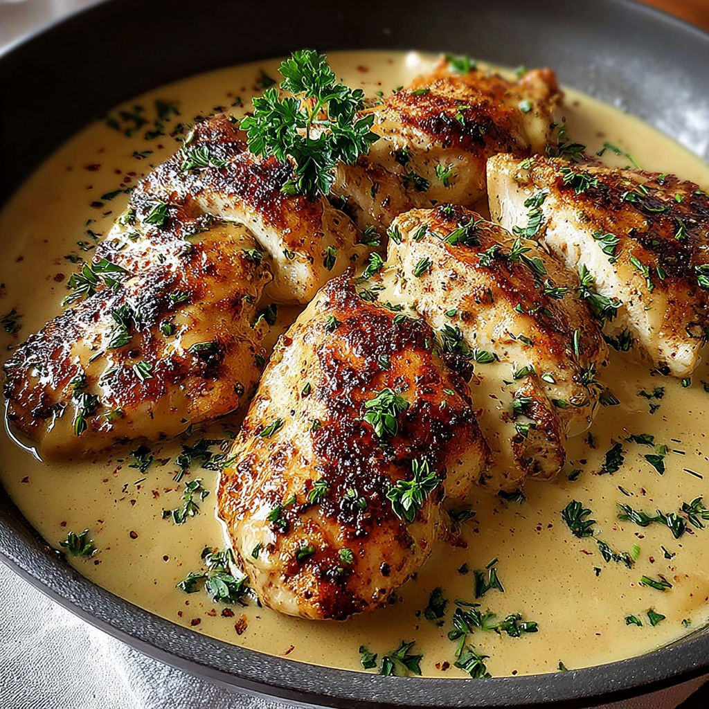 A bowl of chicken with herbs and spices.