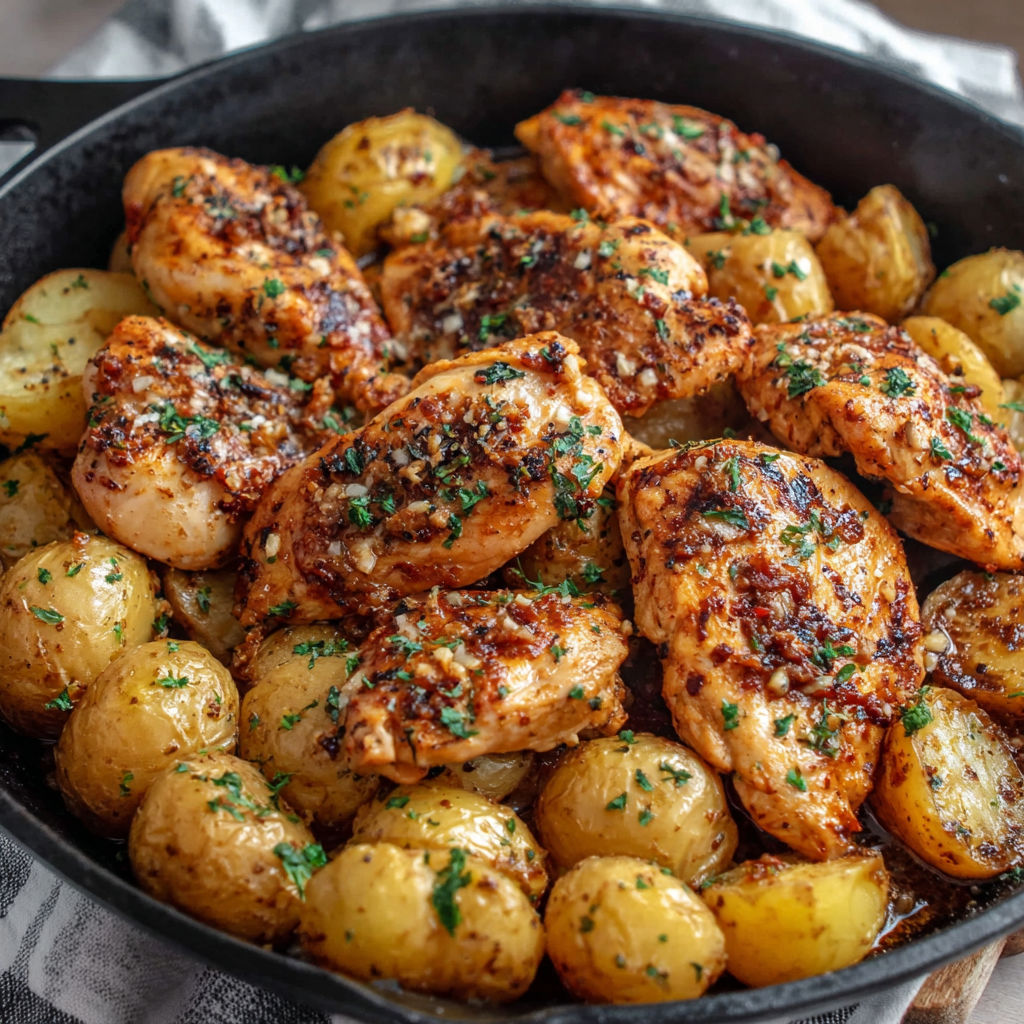 A pan of chicken and potatoes with garlic and Parmesan cheese.