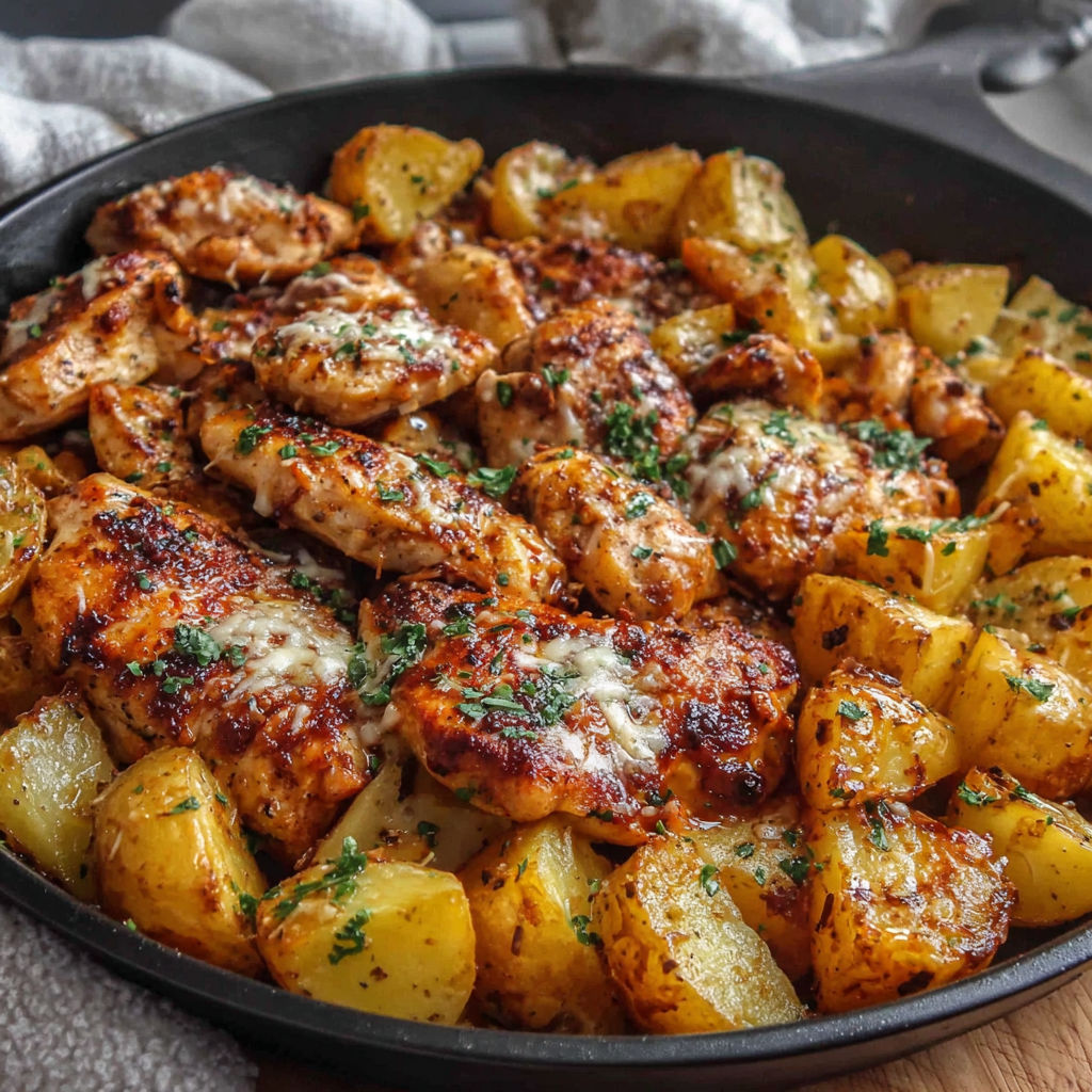 A pan of chicken and potatoes with garlic and Parmesan cheese.