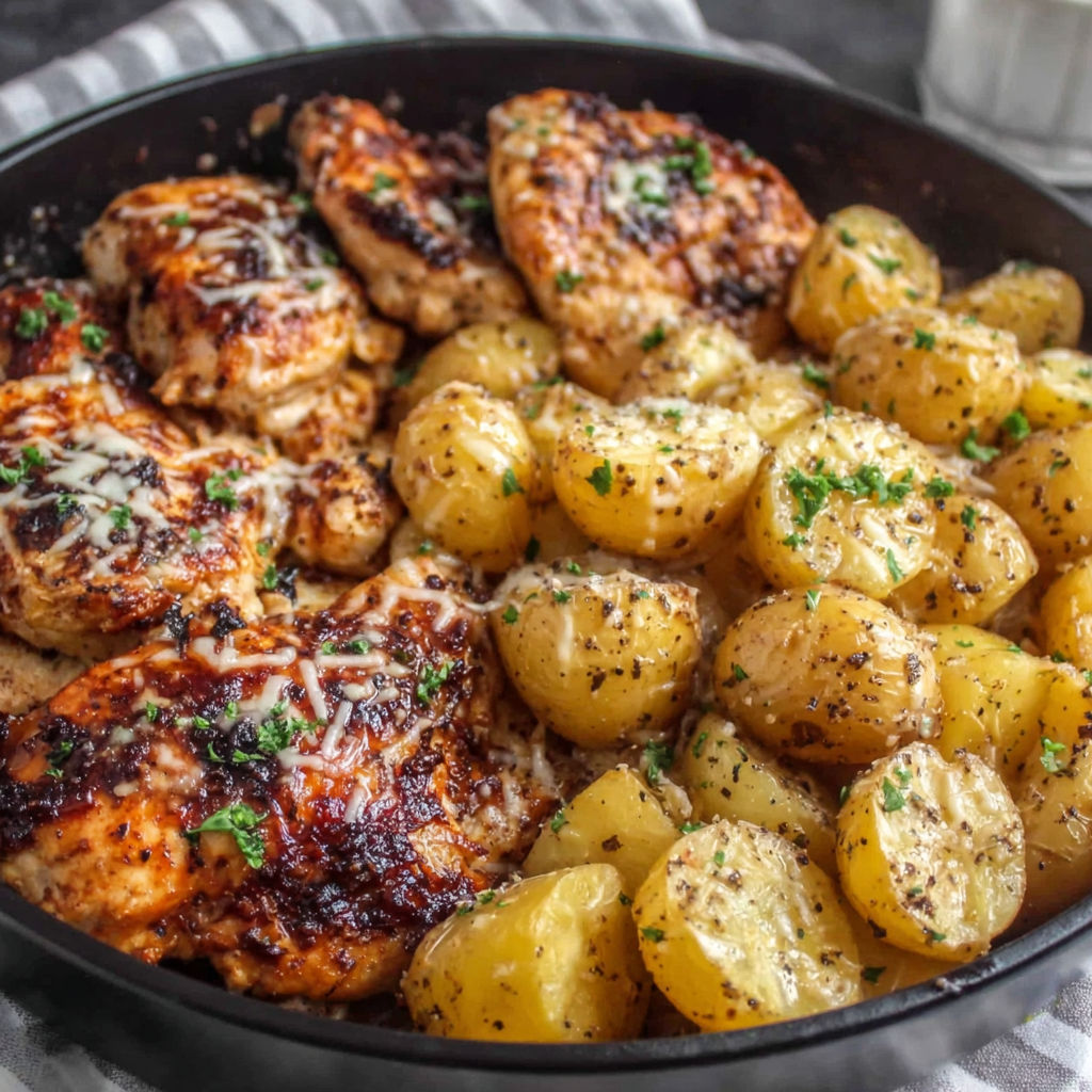 A one-pan dinner of garlic Parmesan chicken and potatoes.