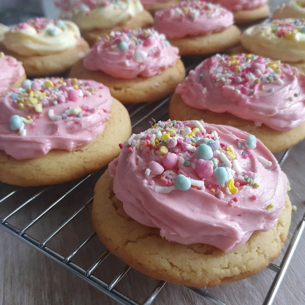 A tray of Crumbl cookies with pink frosting.