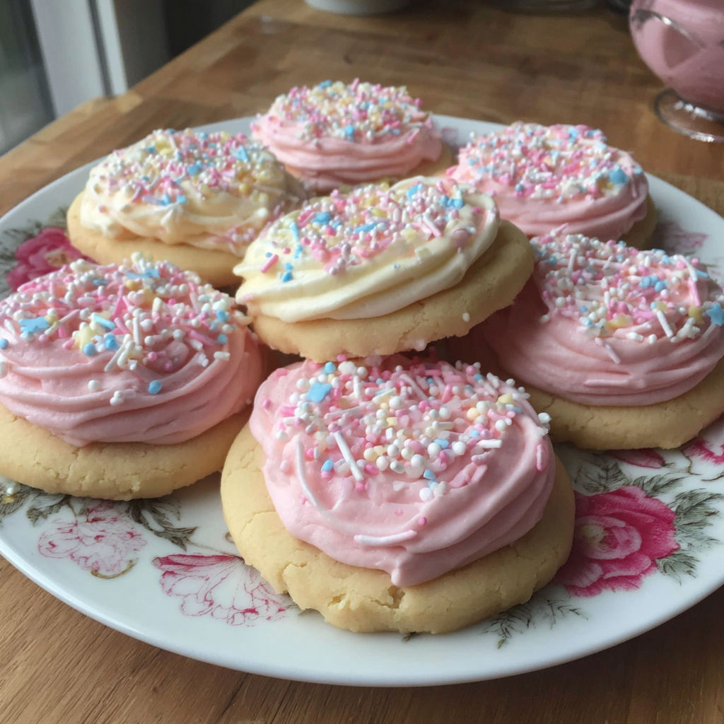 A plate of pink and white cookies.