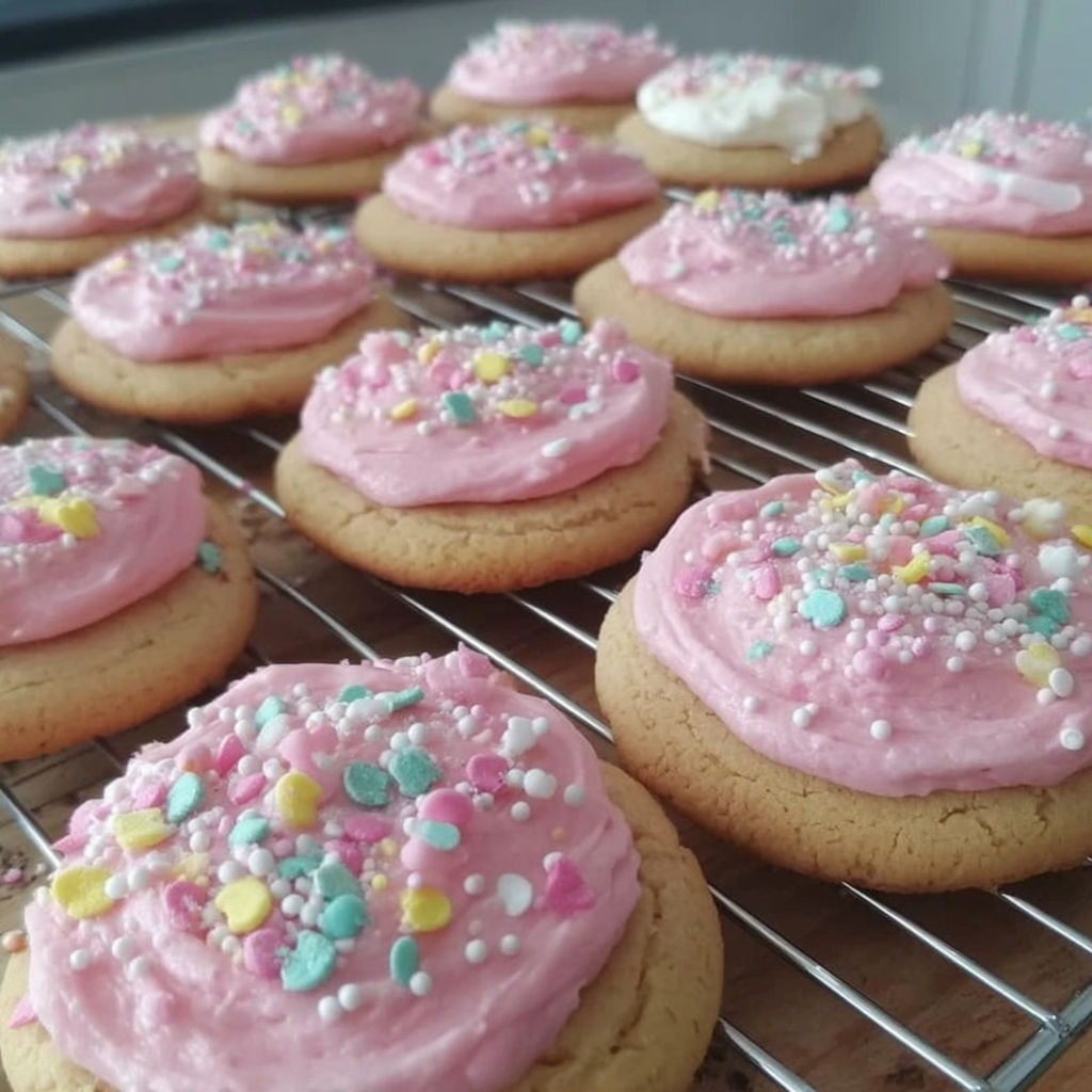 Pink frosting on a cookie.