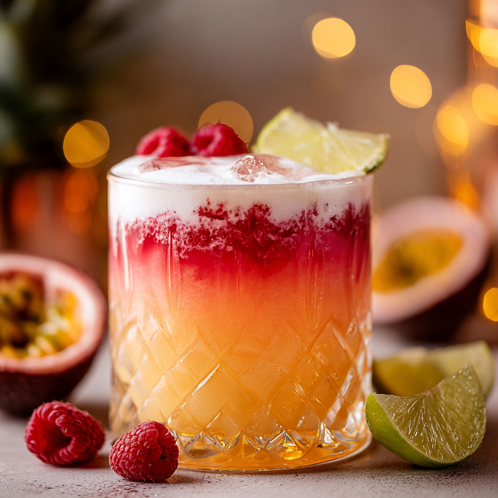 A glass of a Raspberry Passionfruit Tequila Sour.