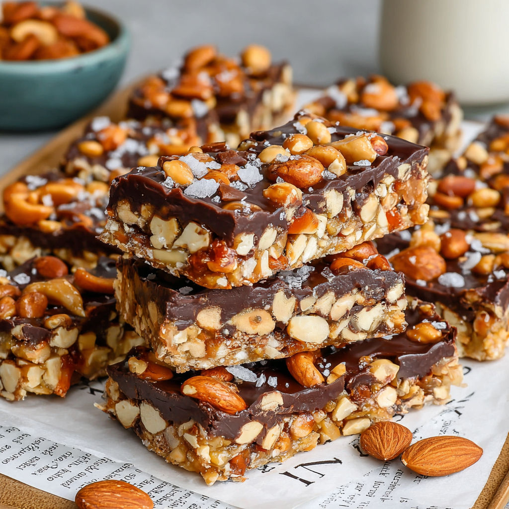A plate of dark chocolate and sea salt nut bars.