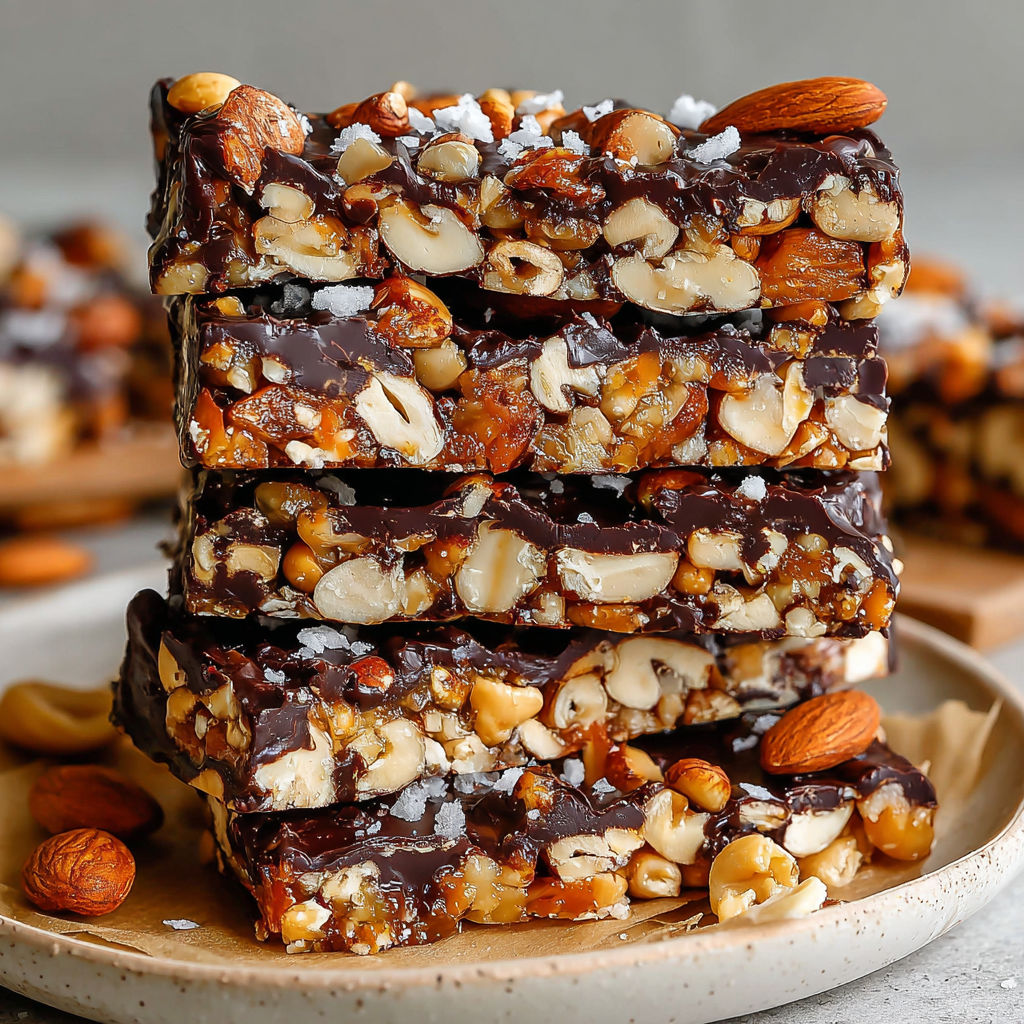 A stack of chocolate bars with nuts on top.