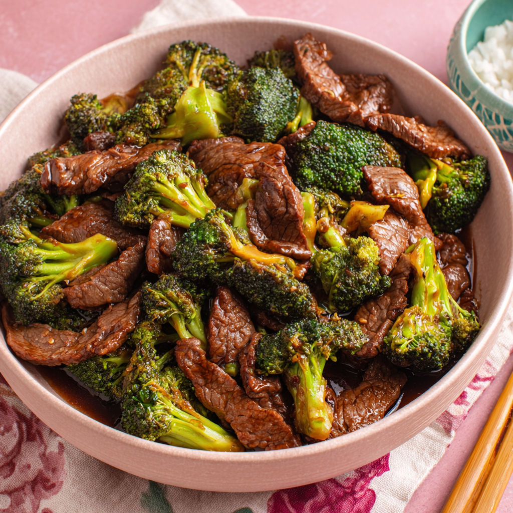 A bowl of beef and broccoli.