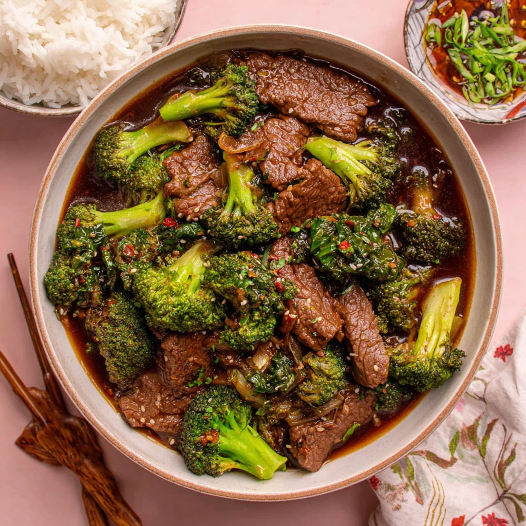 A bowl of beef and broccoli with a spoon in it.