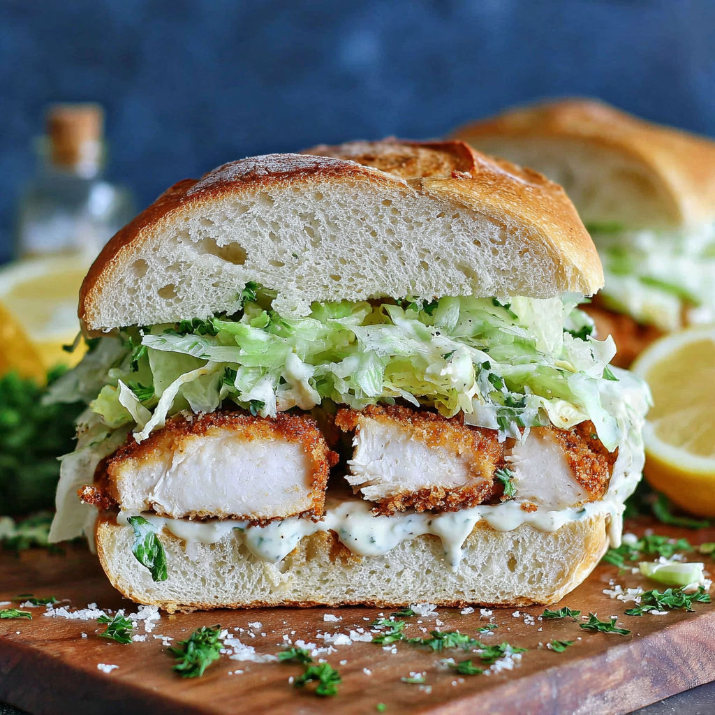 A sandwich with lettuce and fish on a wooden cutting board.