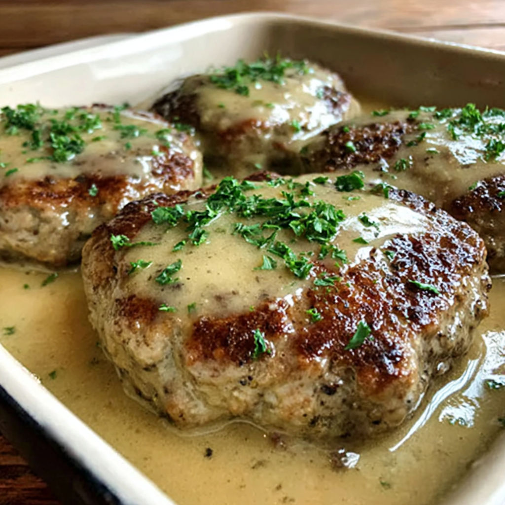 Hamburger steak bake with gravy.