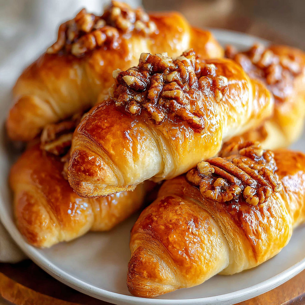 A plate of croissants with walnuts on top.