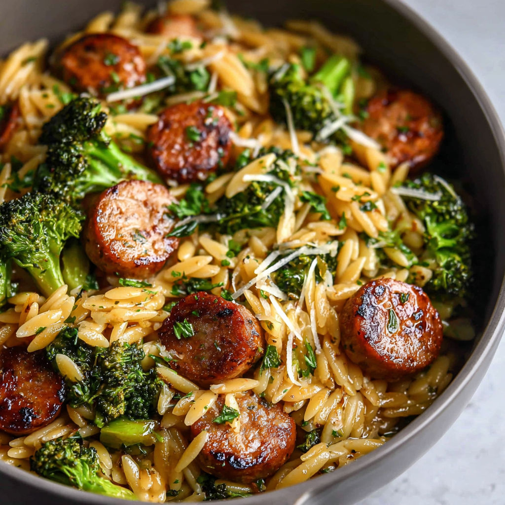 A bowl of chicken sausage and broccoli orzo.