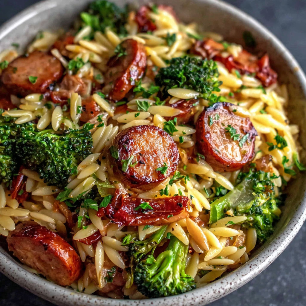 A bowl of chicken sausage and broccoli orzo.