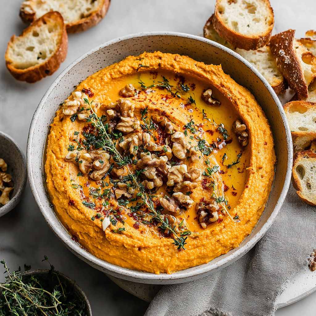 A bowl of pumpkin whipped feta dip with bread.