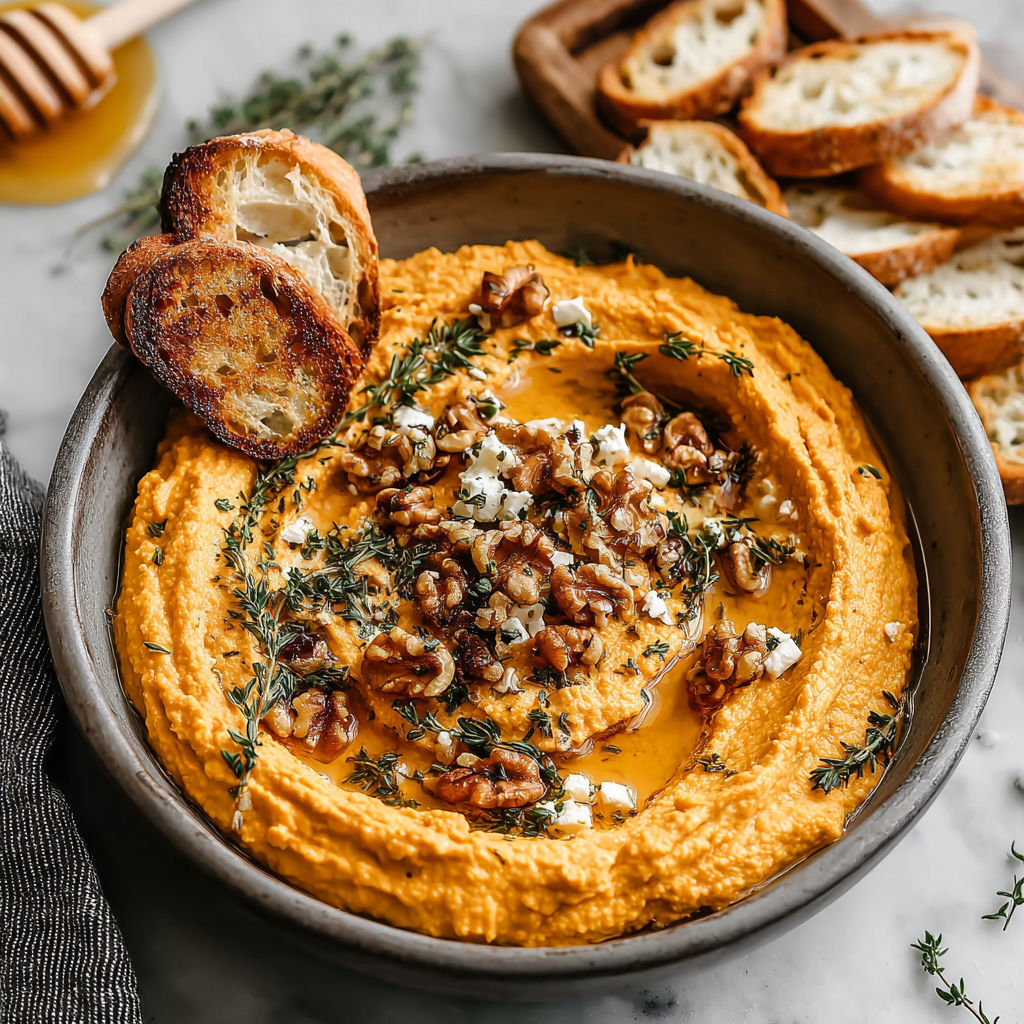 A bowl of pumpkin whipped feta dip with bread.