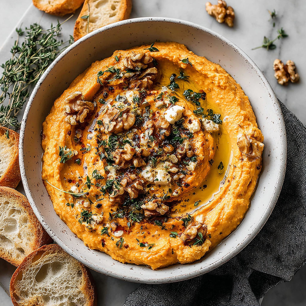 A bowl of pumpkin whipped feta dip with bread and nuts.