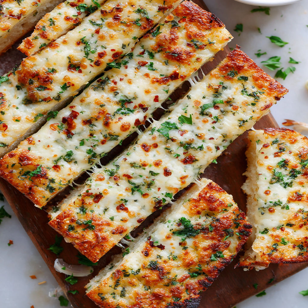 A wooden cutting board with slices of garlic bread.
