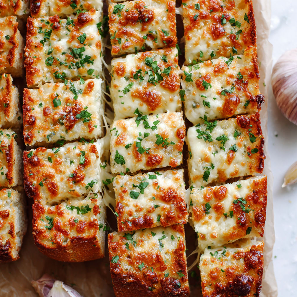 A tray of garlic bread with cheese.