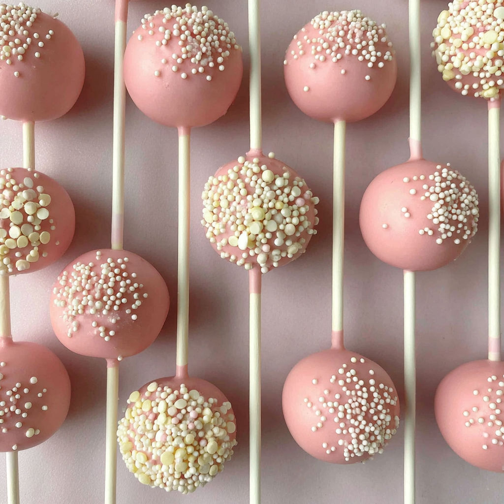 Pink cake pops with white frosting and sprinkles.