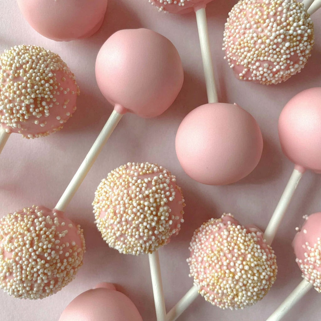 Pink cake pops with white sprinkles.