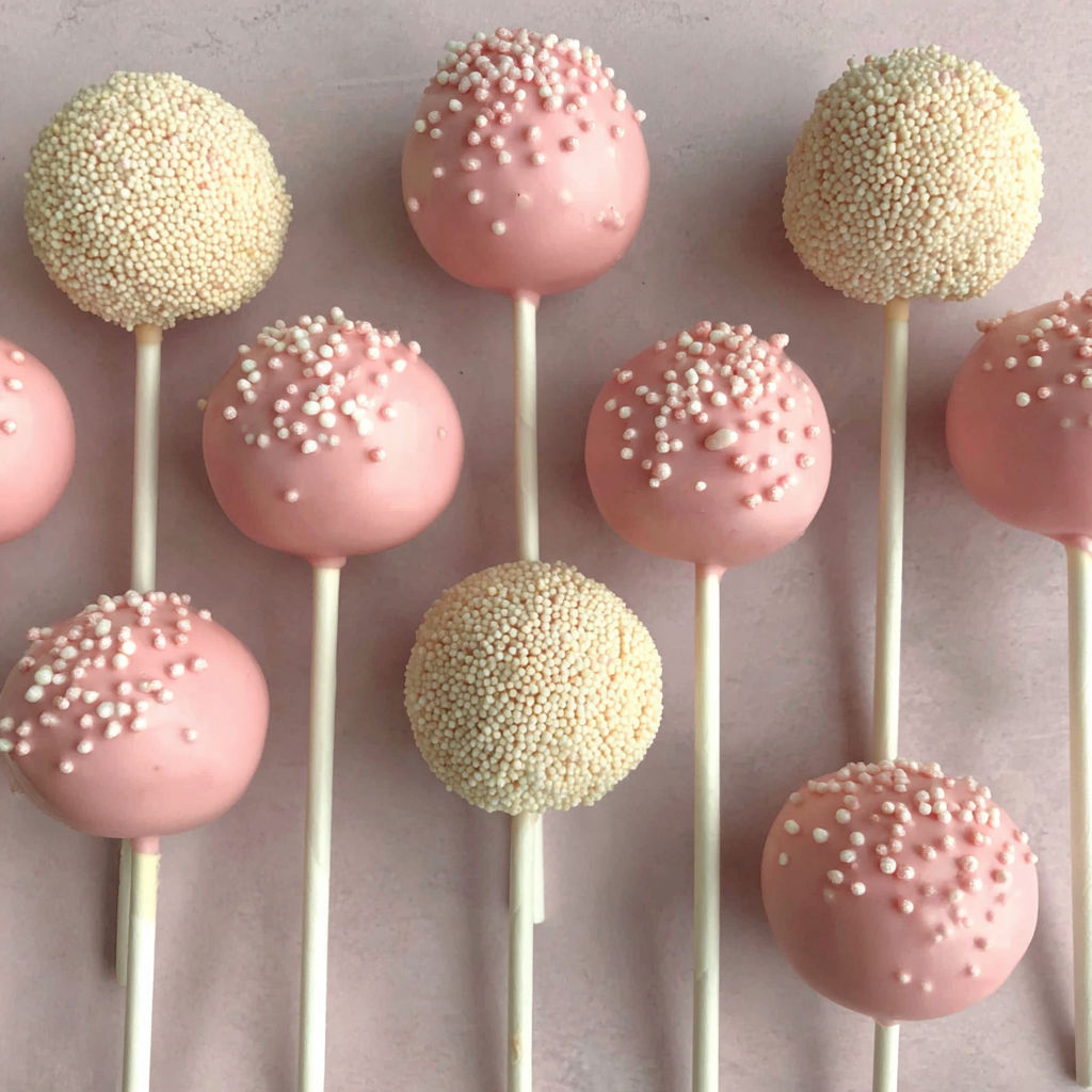 Pink cake pops with white frosting and pink sprinkles.