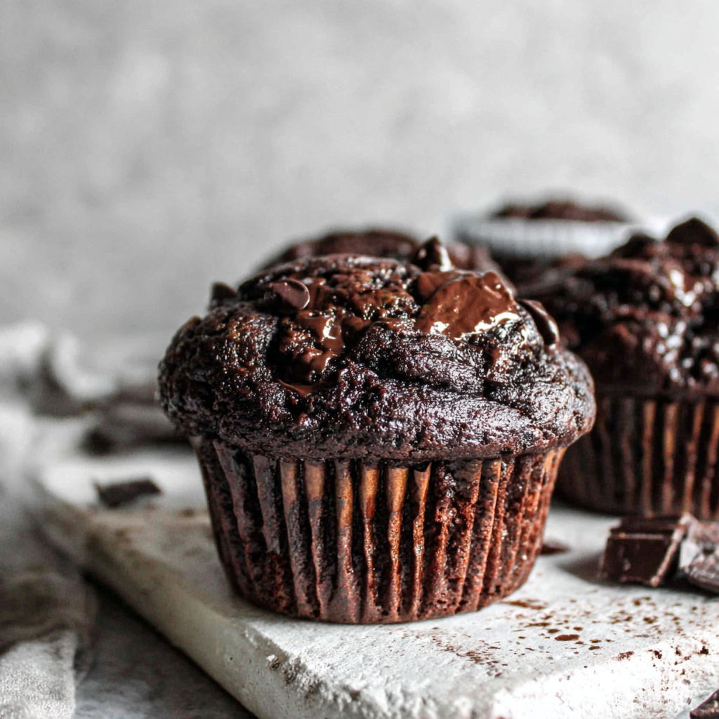 Two chocolate chip muffins on a plate.