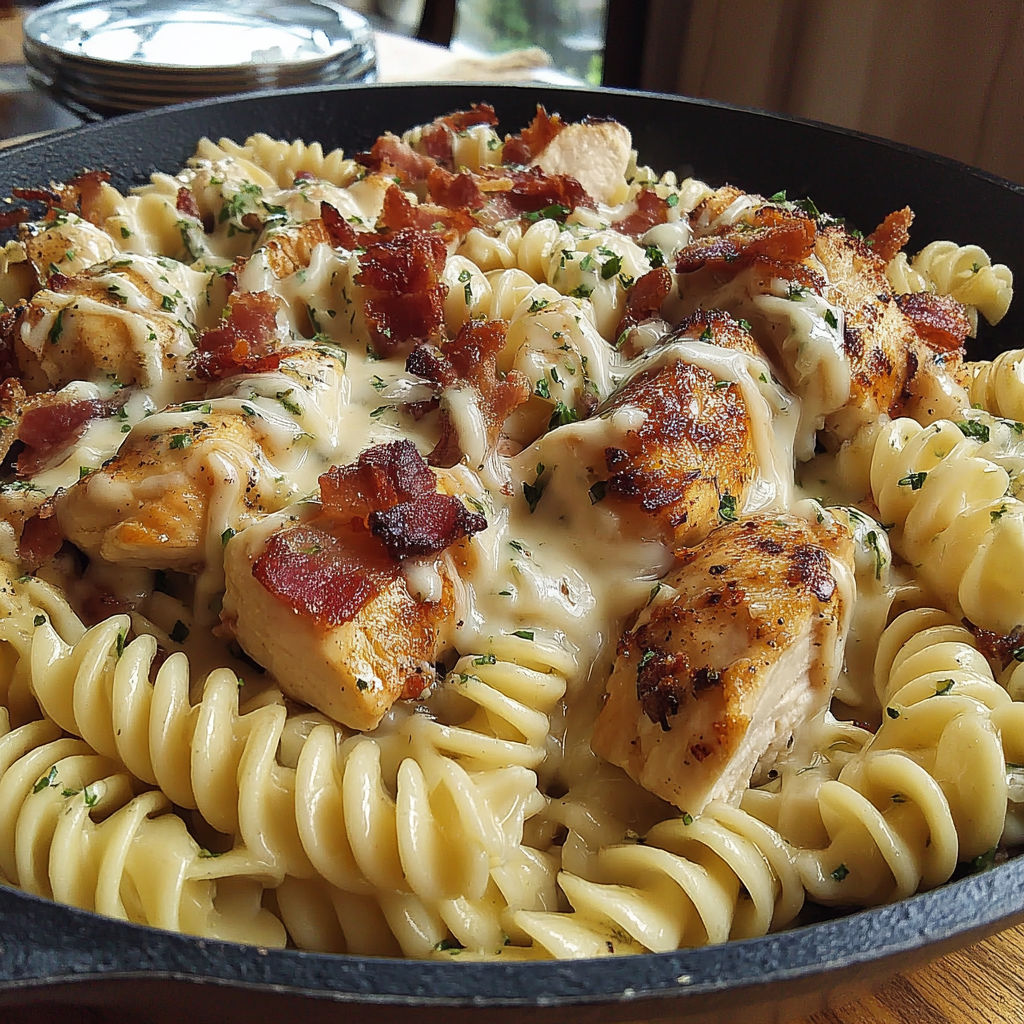 A bowl of chicken bacon ranch pasta.