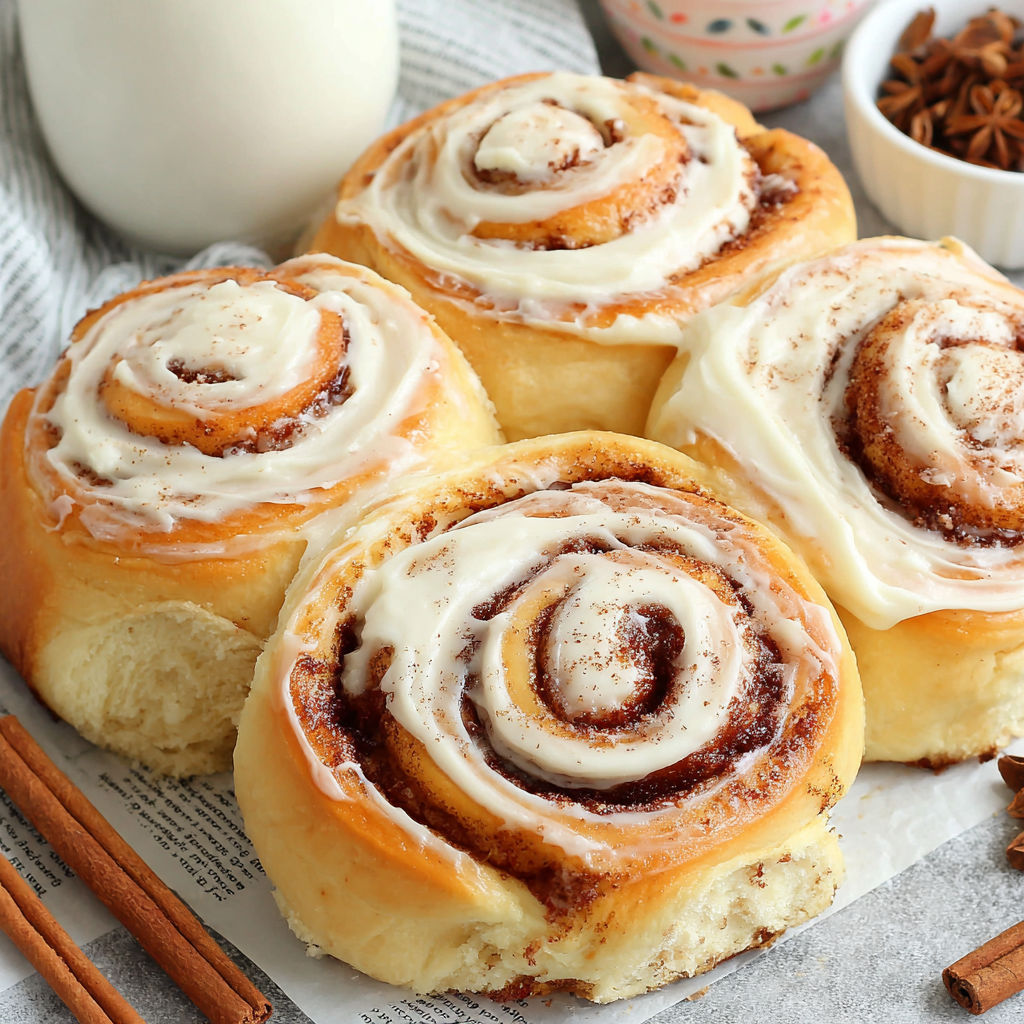 Three cinnamon rolls on a table.
