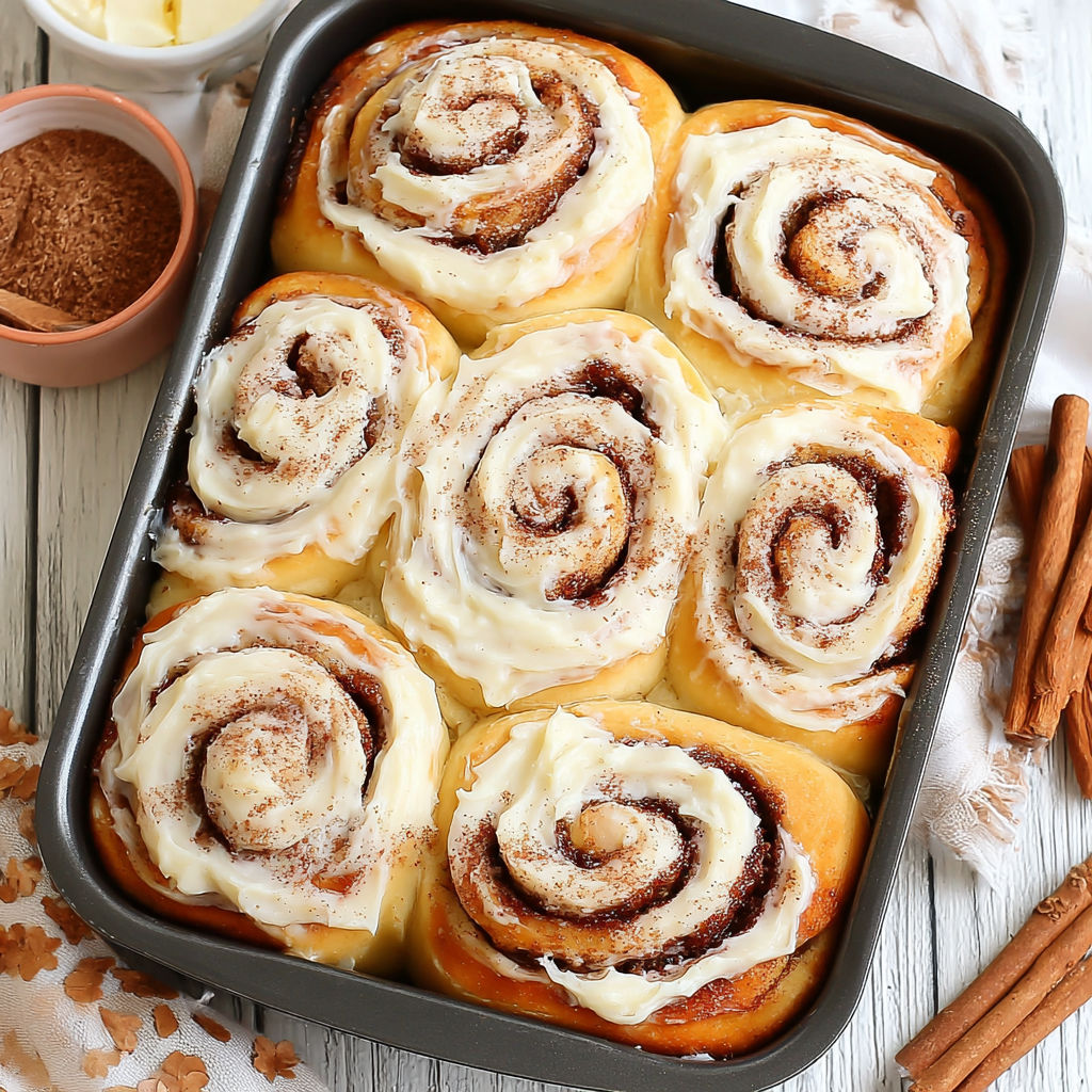 A pan of cinnamon rolls.