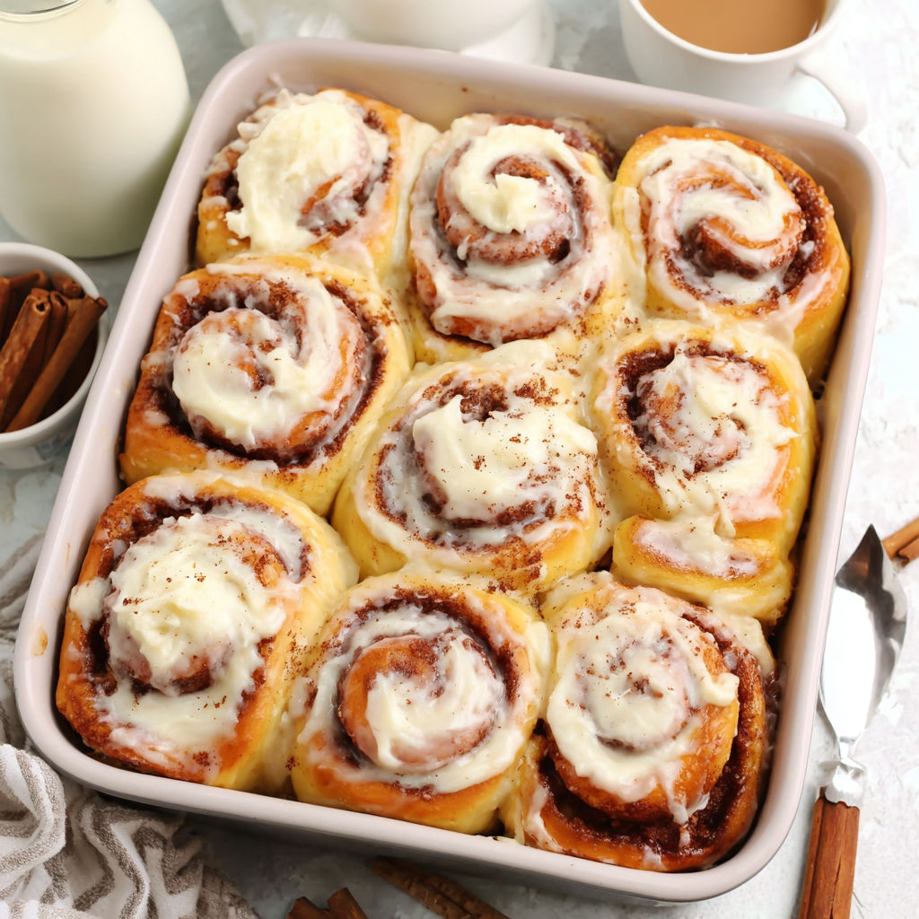 A pan of cinnamon rolls with white frosting.