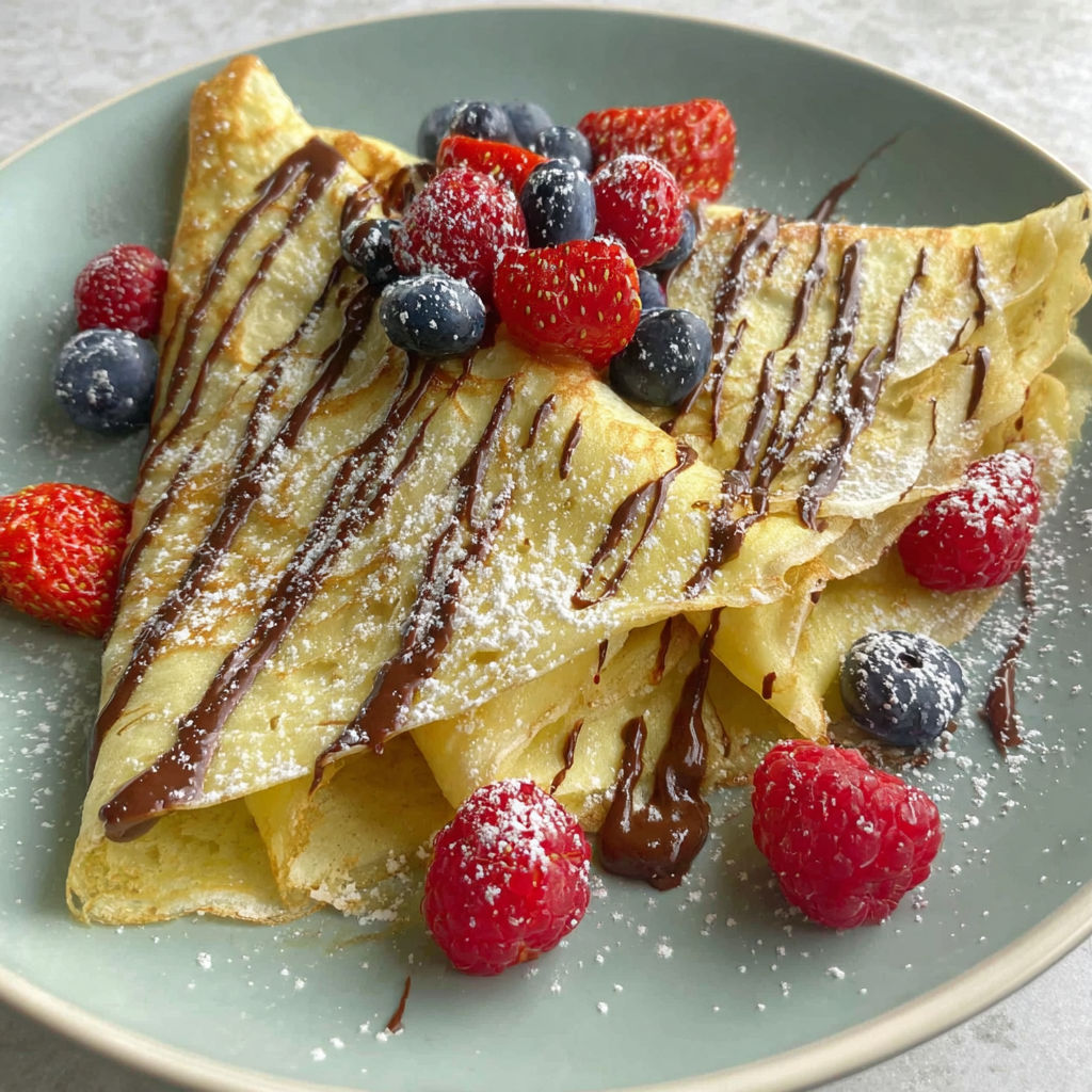 A plate of food with chocolate drizzled on top.