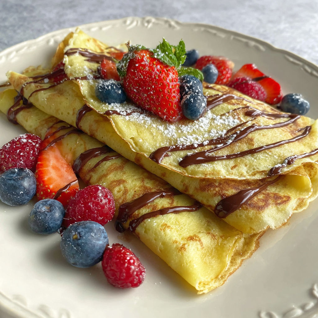 A crepe with strawberries and blueberries on top.