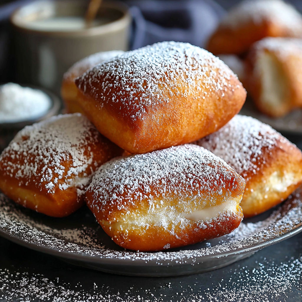 A plate of powdered donuts.