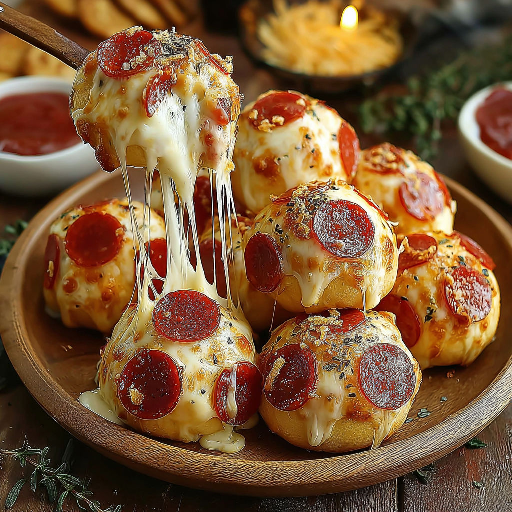 A plate of pepperoni balls with cheese dripping off them.
