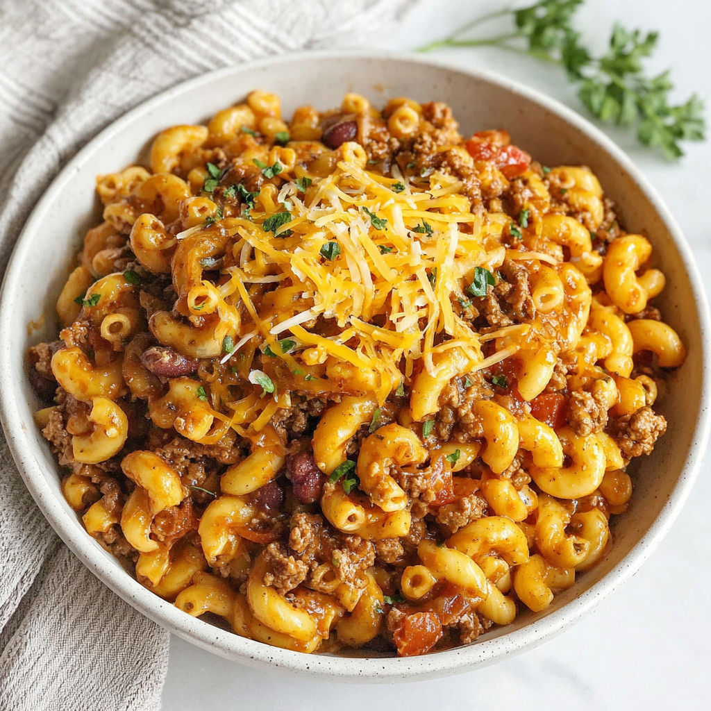 A bowl of pasta with meat and cheese.